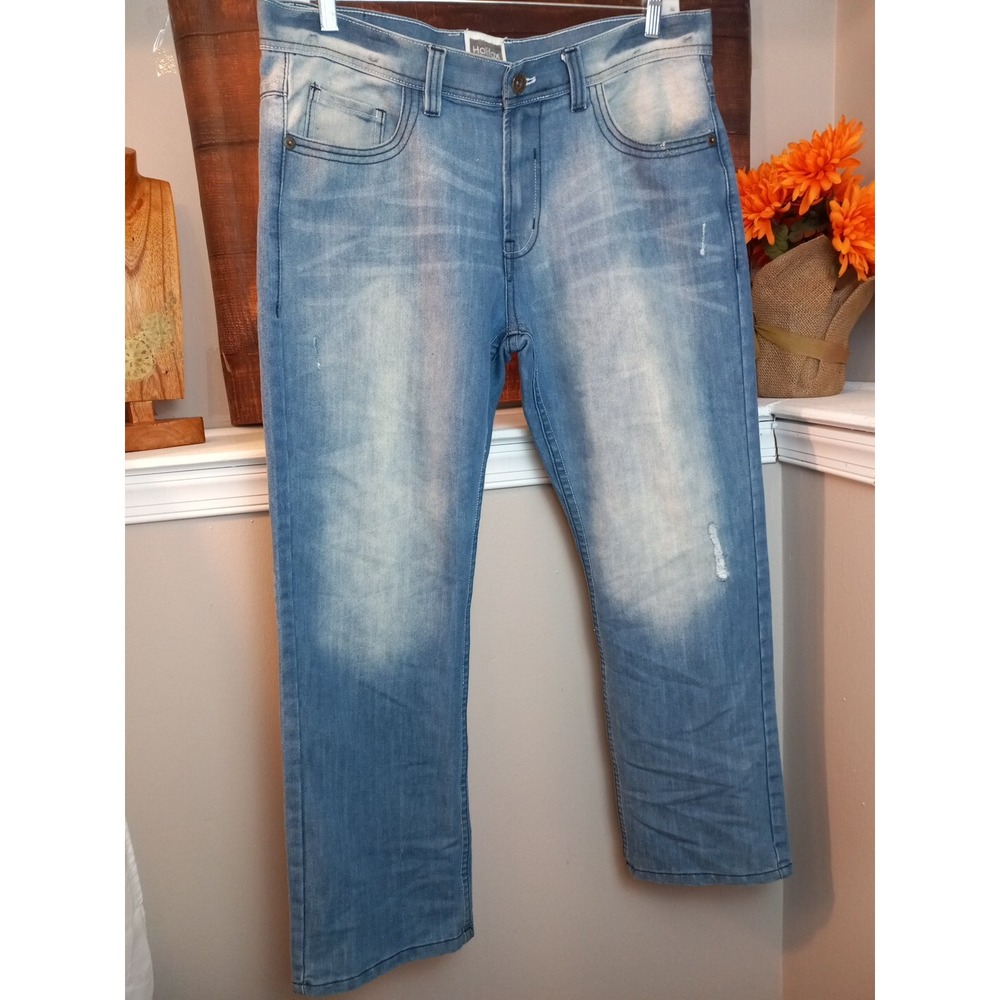Halifax Mens Straightleg Light‎ Wash Distressed Denim Jeans Size 36x30
